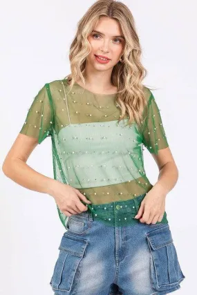 Geegee Rhinestone & Pearl Mesh Top