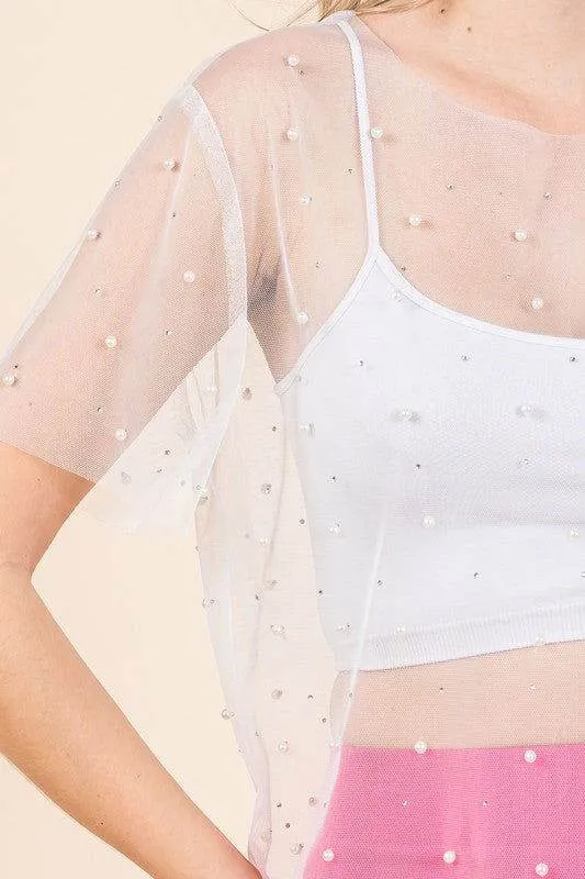 Geegee Rhinestone & Pearl Mesh Top
