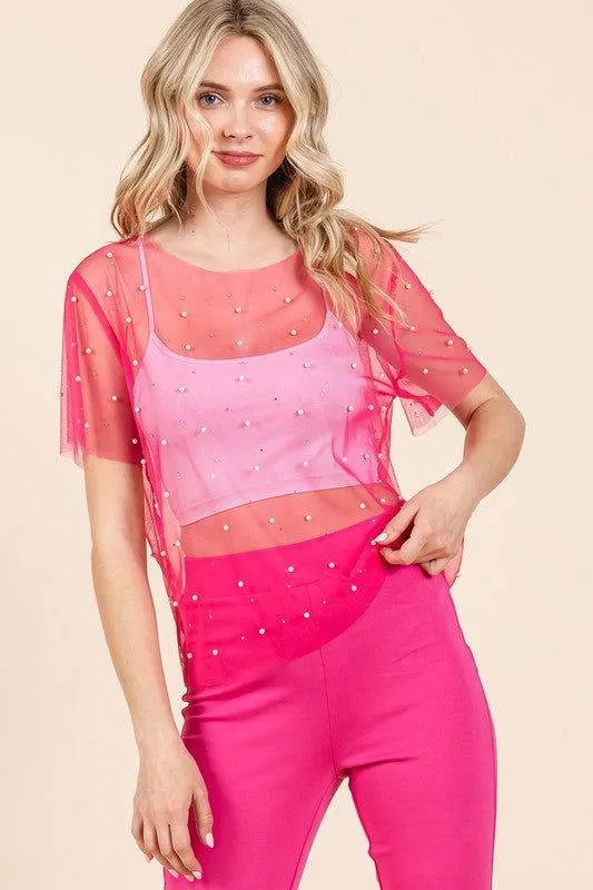 Geegee Rhinestone & Pearl Mesh Top