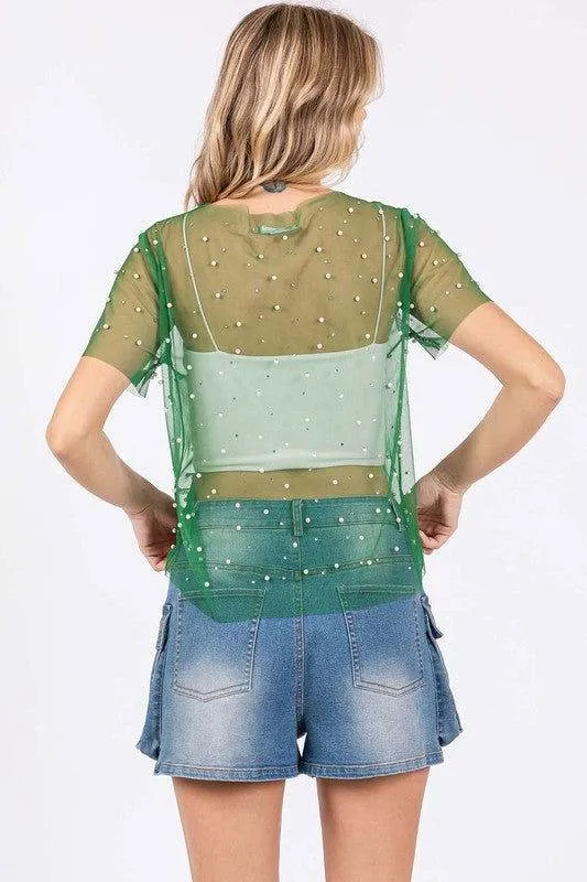 Geegee Rhinestone & Pearl Mesh Top