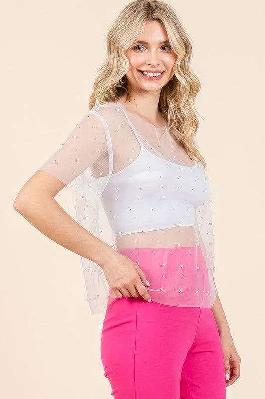 Geegee Rhinestone & Pearl Mesh Top