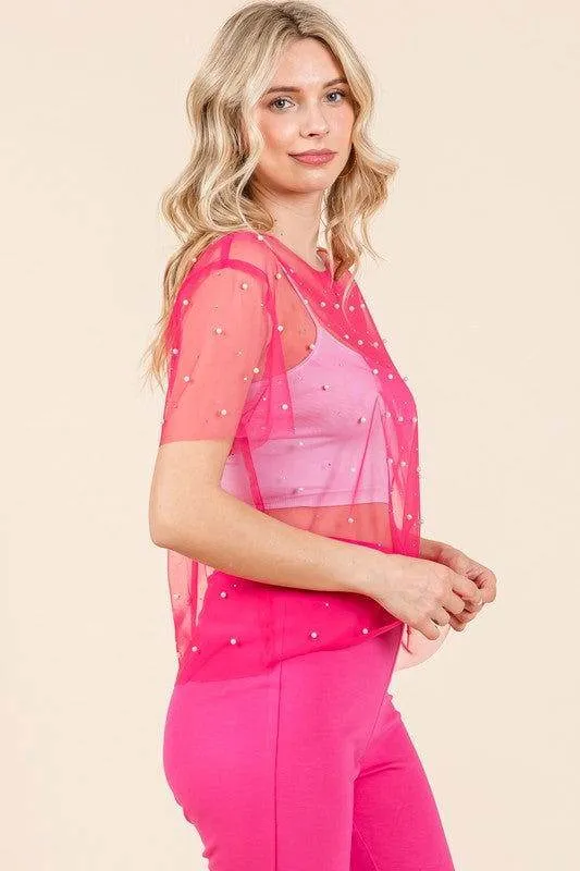 Geegee Rhinestone & Pearl Mesh Top