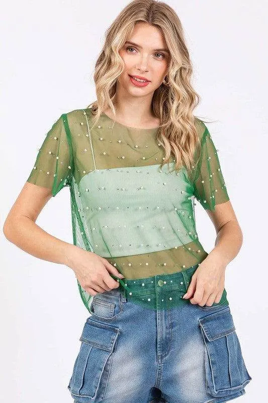 Geegee Rhinestone & Pearl Mesh Top