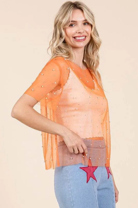 Geegee Rhinestone & Pearl Mesh Top