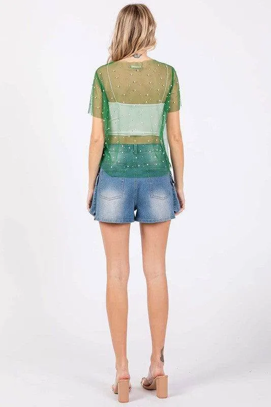 Geegee Rhinestone & Pearl Mesh Top
