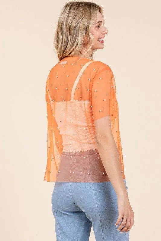 Geegee Rhinestone & Pearl Mesh Top