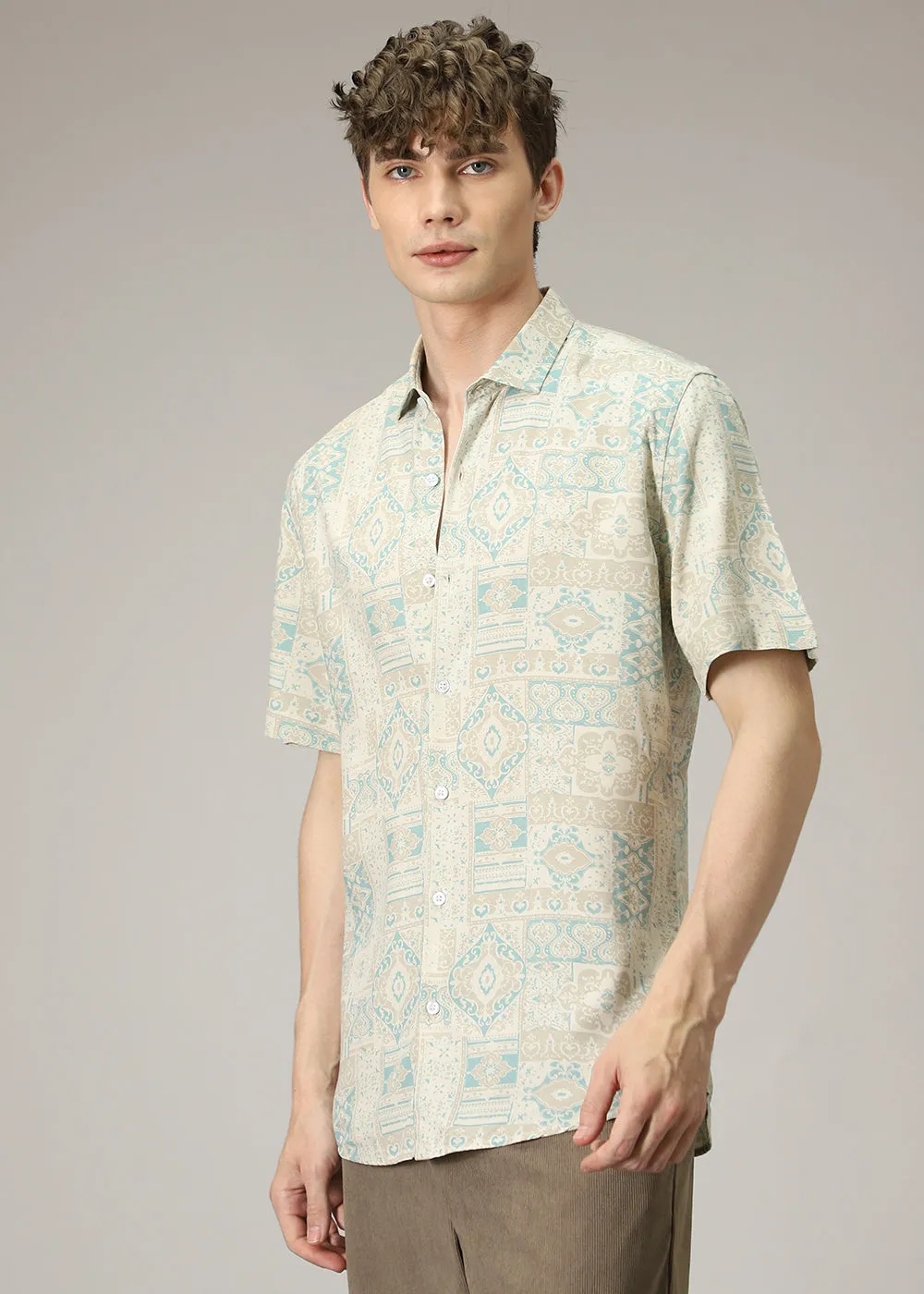 Geometric Print Cream Shirt