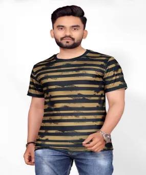 Gold Printed Stretch Striped Short Sleeve T Shirt for Men - UD FABRIC
