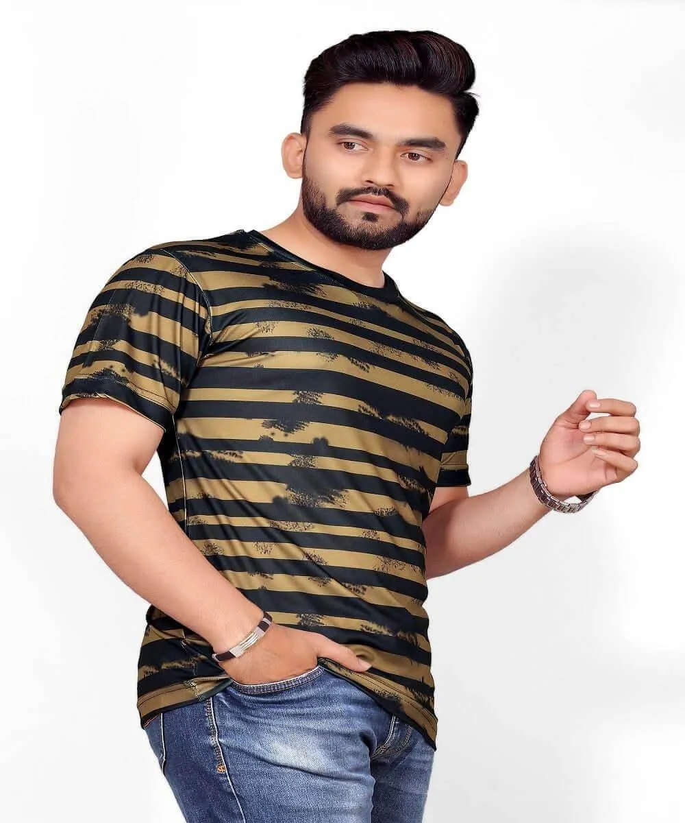 Gold Printed Stretch Striped Short Sleeve T Shirt for Men - UD FABRIC