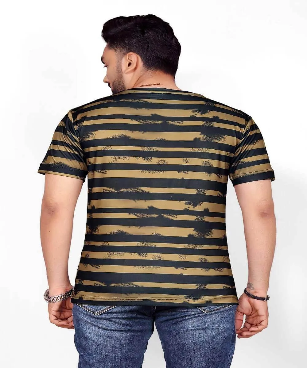 Gold Printed Stretch Striped Short Sleeve T Shirt for Men - UD FABRIC