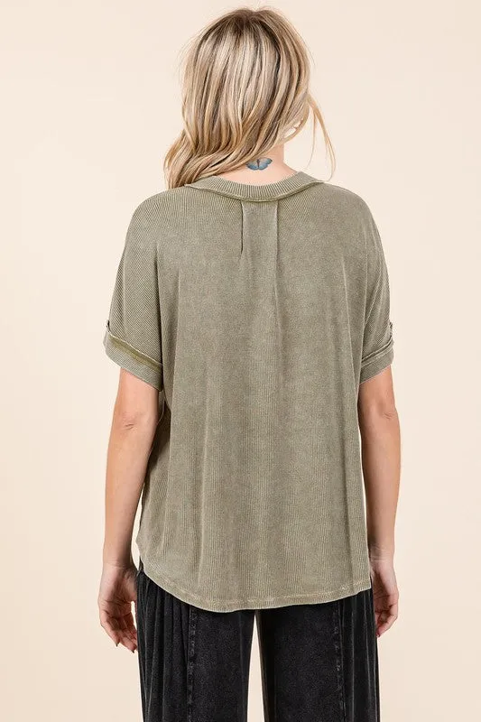 Hazel Blues® |  Mittoshop Mineral Wash Henley Short Sleeve Waffle Knit Top