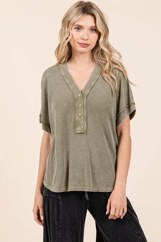 Hazel Blues® |  Mittoshop Mineral Wash Henley Short Sleeve Waffle Knit Top