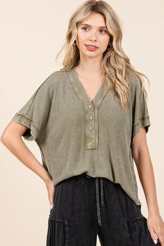 Hazel Blues® |  Mittoshop Mineral Wash Henley Short Sleeve Waffle Knit Top