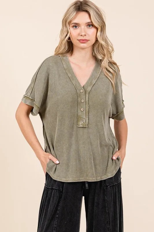 Hazel Blues® |  Mittoshop Mineral Wash Henley Short Sleeve Waffle Knit Top