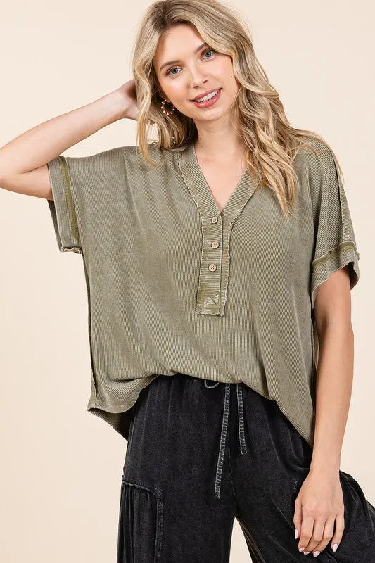 Hazel Blues® |  Mittoshop Mineral Wash Henley Short Sleeve Waffle Knit Top