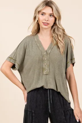 Hazel Blues® |  Mittoshop Mineral Wash Henley Short Sleeve Waffle Knit Top