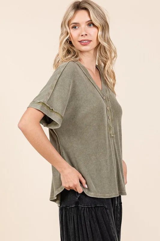 Hazel Blues® |  Mittoshop Mineral Wash Henley Short Sleeve Waffle Knit Top