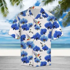 Hummingbird Sucking Blue Orchid In White Hawaiian Shirt