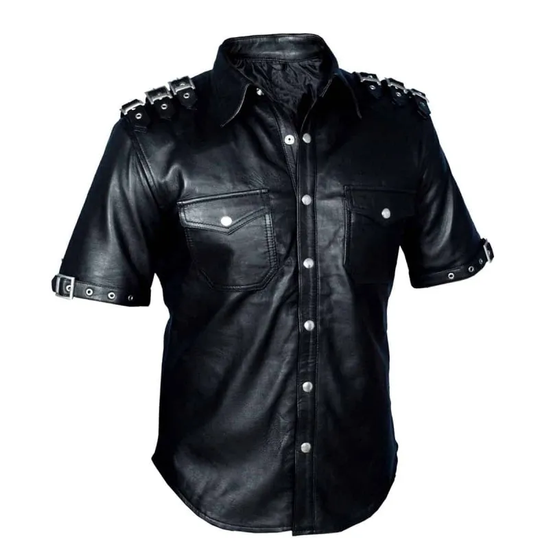 Men’s Black Leather Police/Military Shirt – Short Sleeve