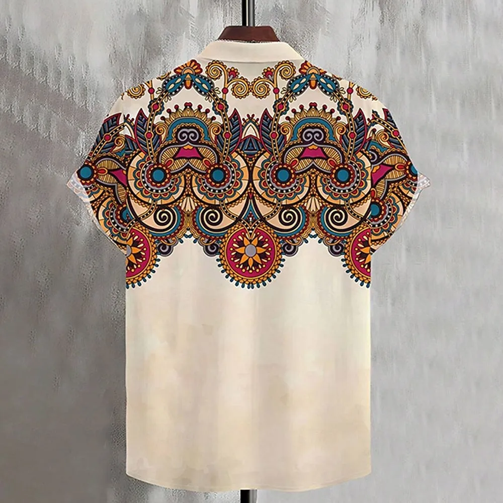 Men's Geometric Pattern Ethnic Shirt Button Up Shirt Short Sleeve Fashion Casual Vacation Holiday Beach Wear Summer Spring Turndown Collared Shirts Khaki