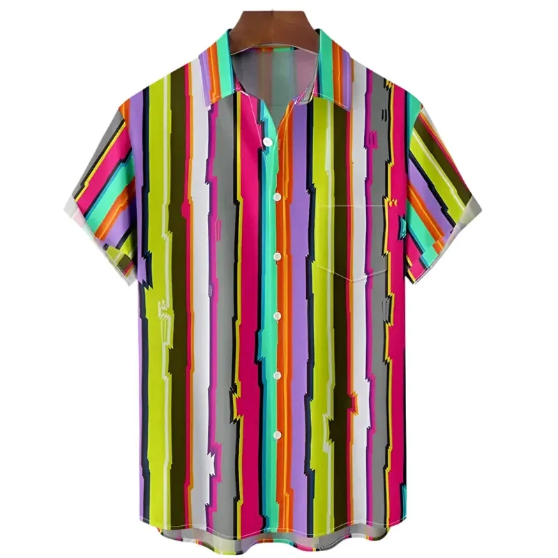 Men’s Striped Oversized Shirt – 3D Fashion Short Sleeve Casual Beach Streetwear and Party Top