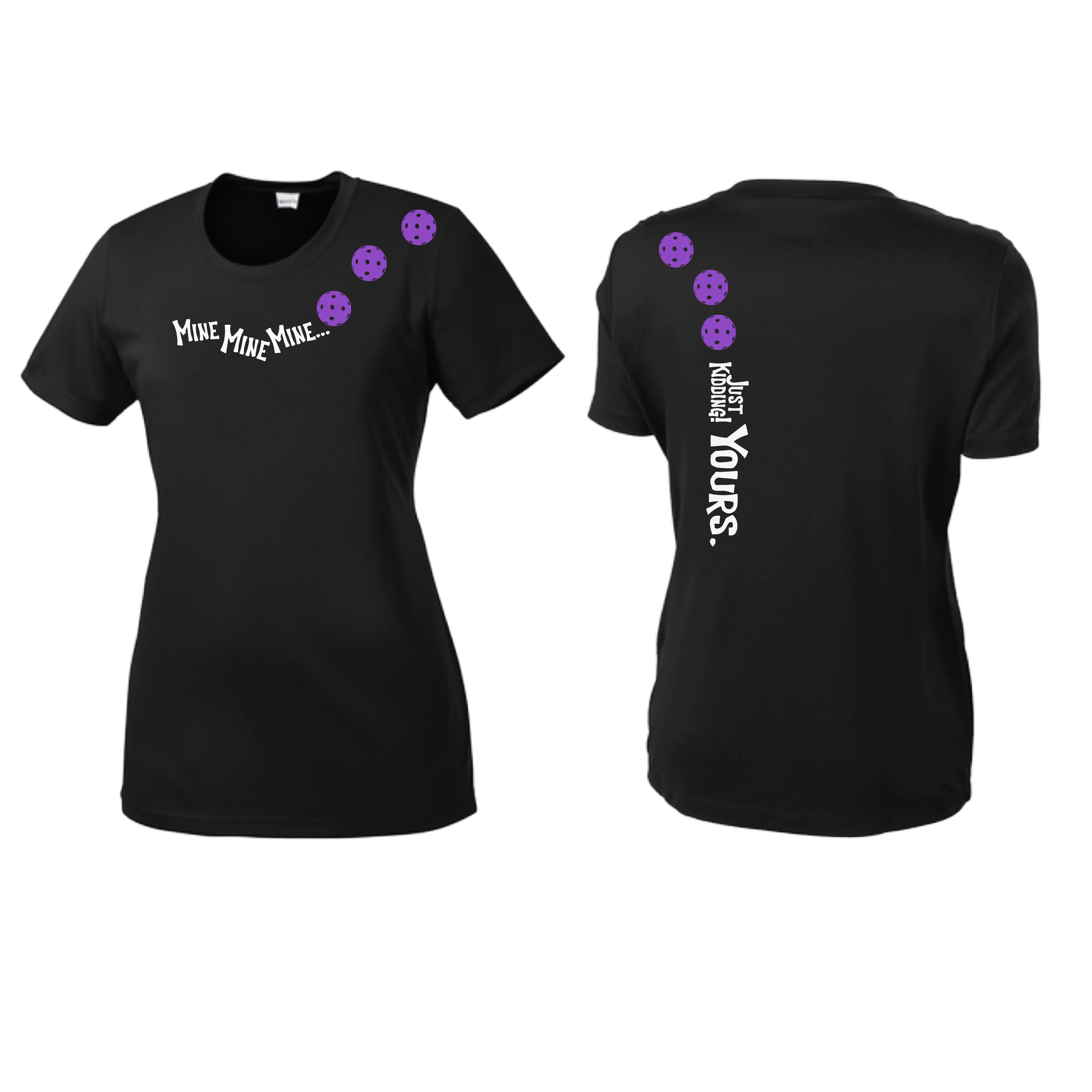 Mine JK Yours (Pickleballs Pink Purple Rainbow) | Women’s Short Sleeve Crewneck Pickleball Shirts | 100% Polyester