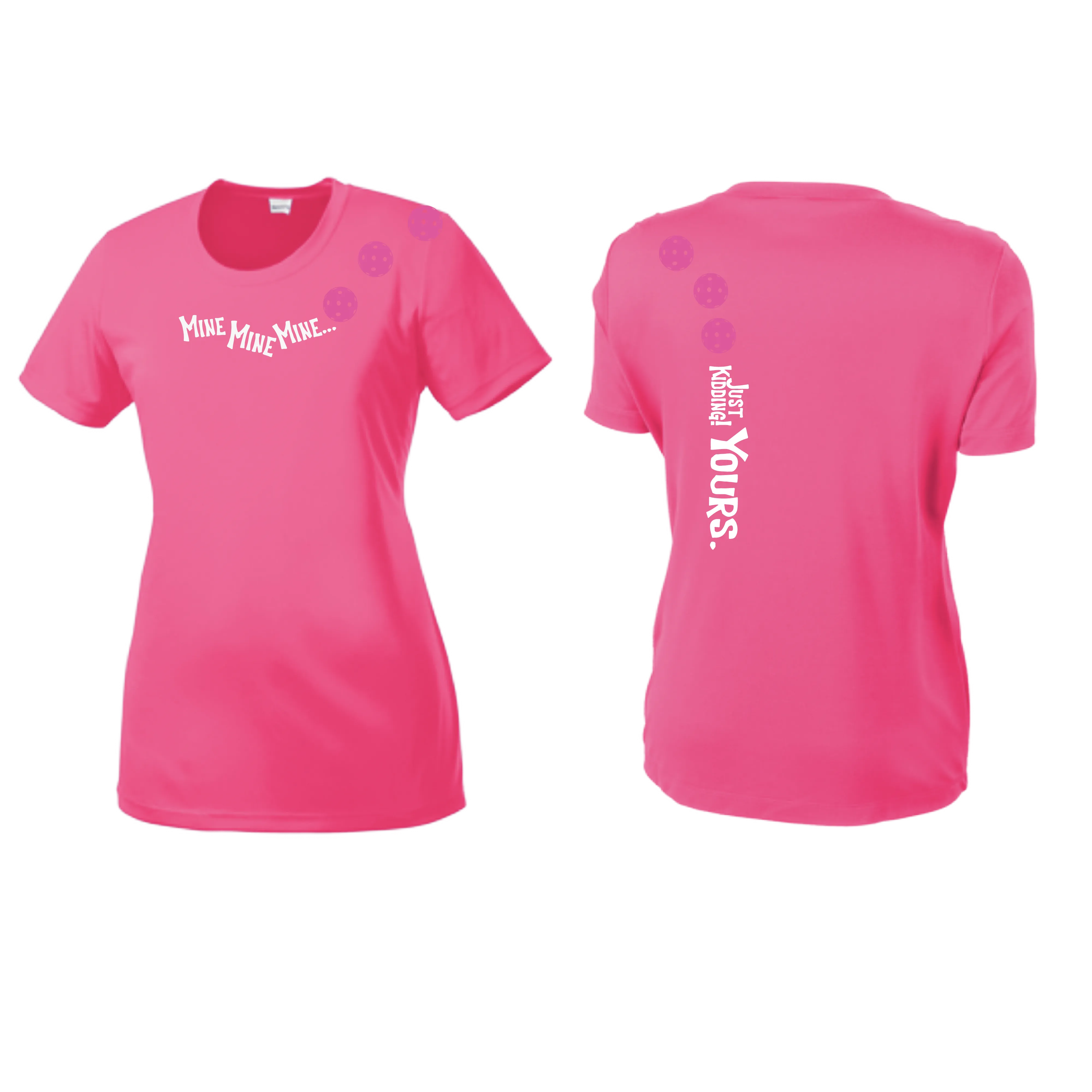 Mine JK Yours (Pickleballs Pink Purple Rainbow) | Women’s Short Sleeve Crewneck Pickleball Shirts | 100% Polyester