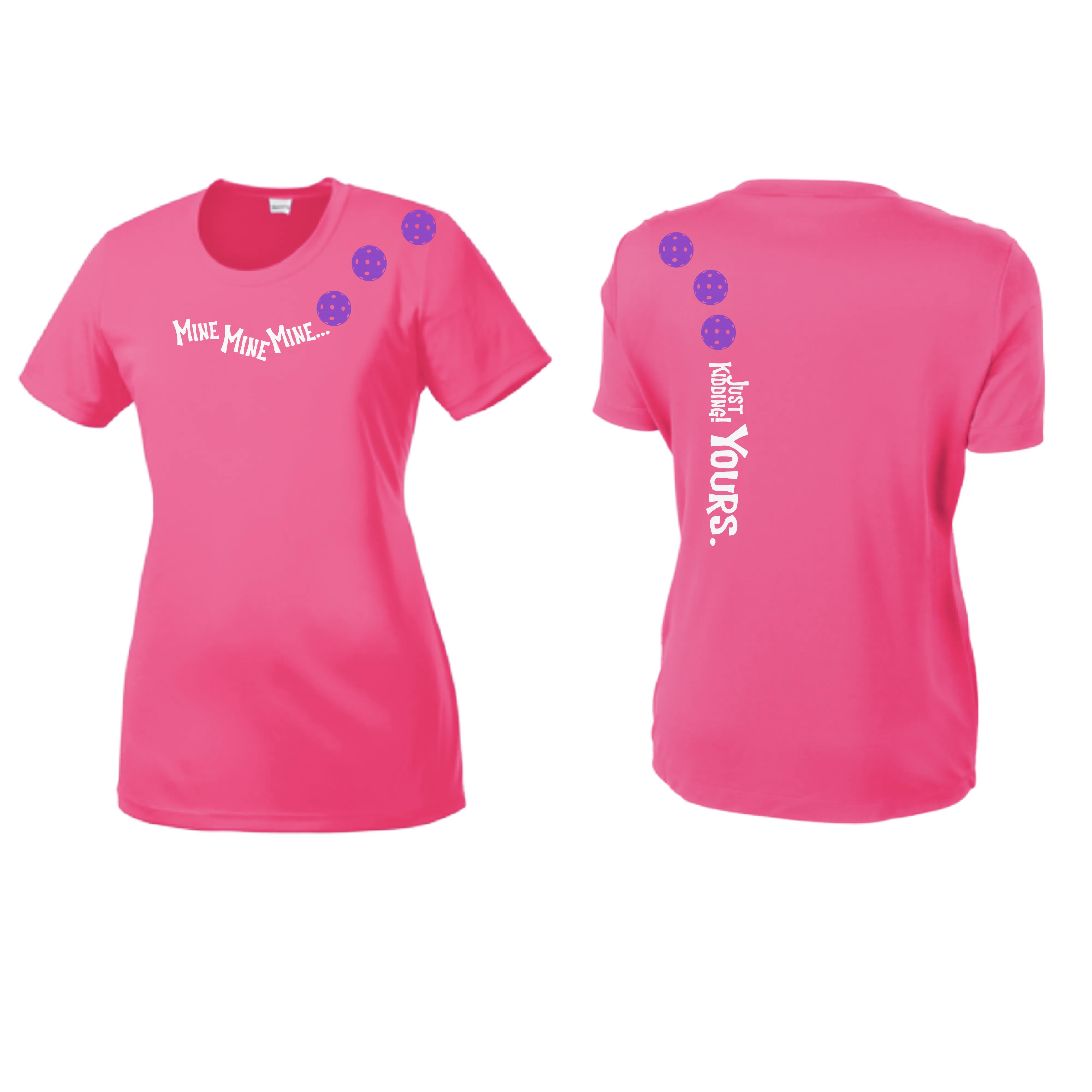 Mine JK Yours (Pickleballs Pink Purple Rainbow) | Women’s Short Sleeve Crewneck Pickleball Shirts | 100% Polyester