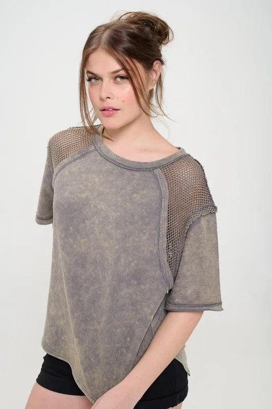 Mineral Washed Short Sleeve Fishnet Shoulder Top