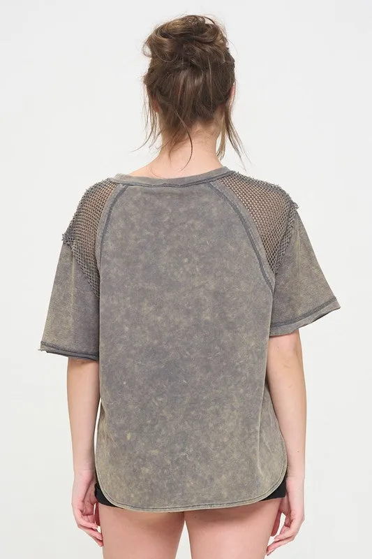 Mineral Washed Short Sleeve Fishnet Shoulder Top