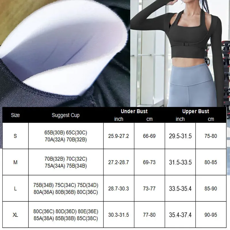 Padded Gym Shirts Long Sleeve Women Yoga Shirts Fake Two Pieces Fitness Tops with Underbust Fastener Sexy Workout Top