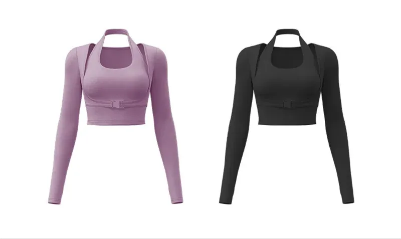 Padded Gym Shirts Long Sleeve Women Yoga Shirts Fake Two Pieces Fitness Tops with Underbust Fastener Sexy Workout Top