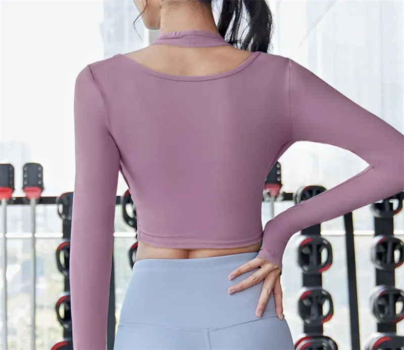 Padded Gym Shirts Long Sleeve Women Yoga Shirts Fake Two Pieces Fitness Tops with Underbust Fastener Sexy Workout Top