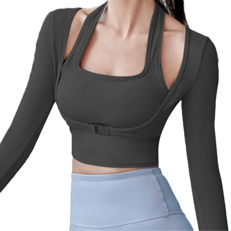 Padded Gym Shirts Long Sleeve Women Yoga Shirts Fake Two Pieces Fitness Tops with Underbust Fastener Sexy Workout Top