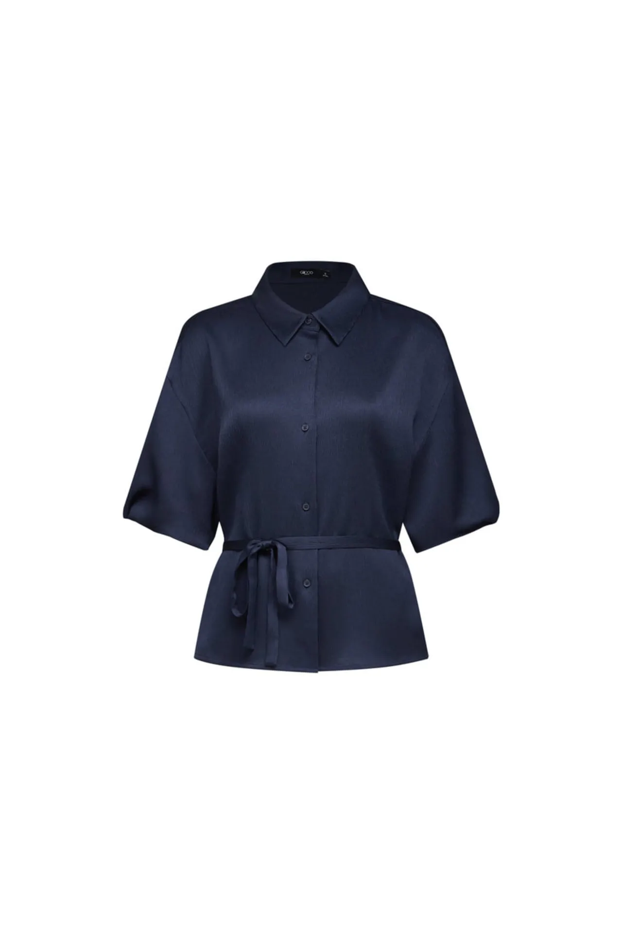 Pleated Satin Puff Sleeve Shirt Collar Blouse