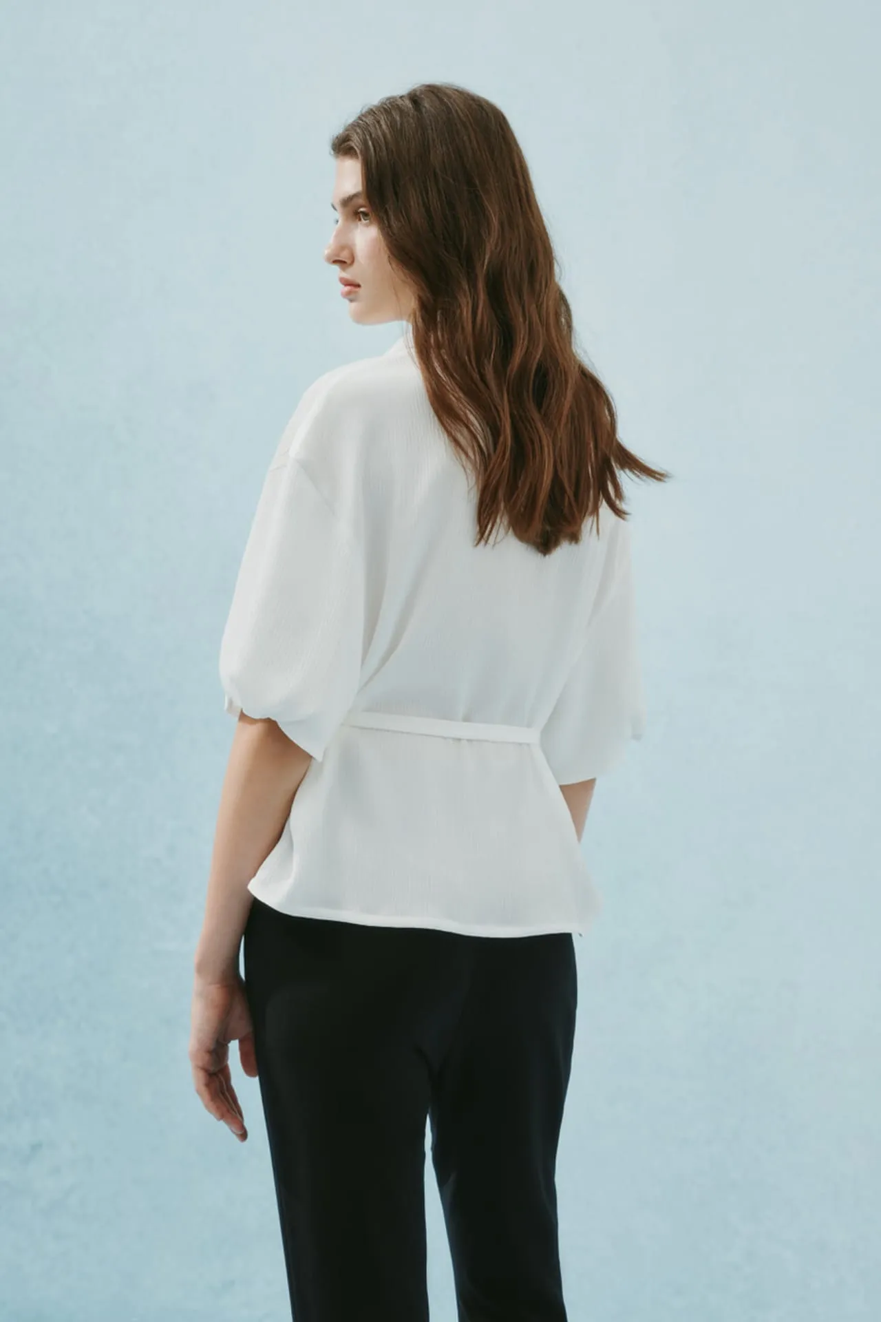 Pleated Satin Puff Sleeve Shirt Collar Blouse