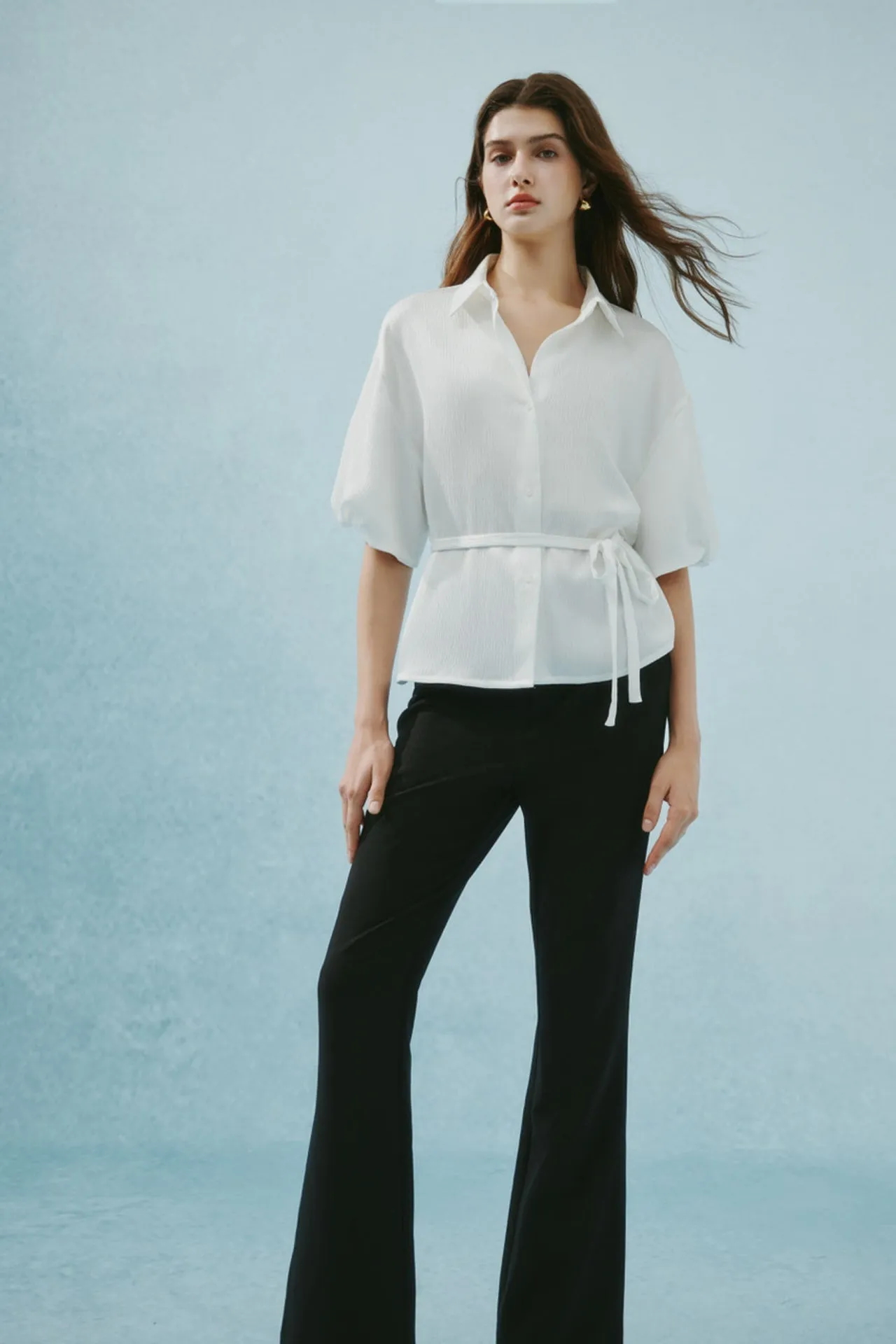 Pleated Satin Puff Sleeve Shirt Collar Blouse