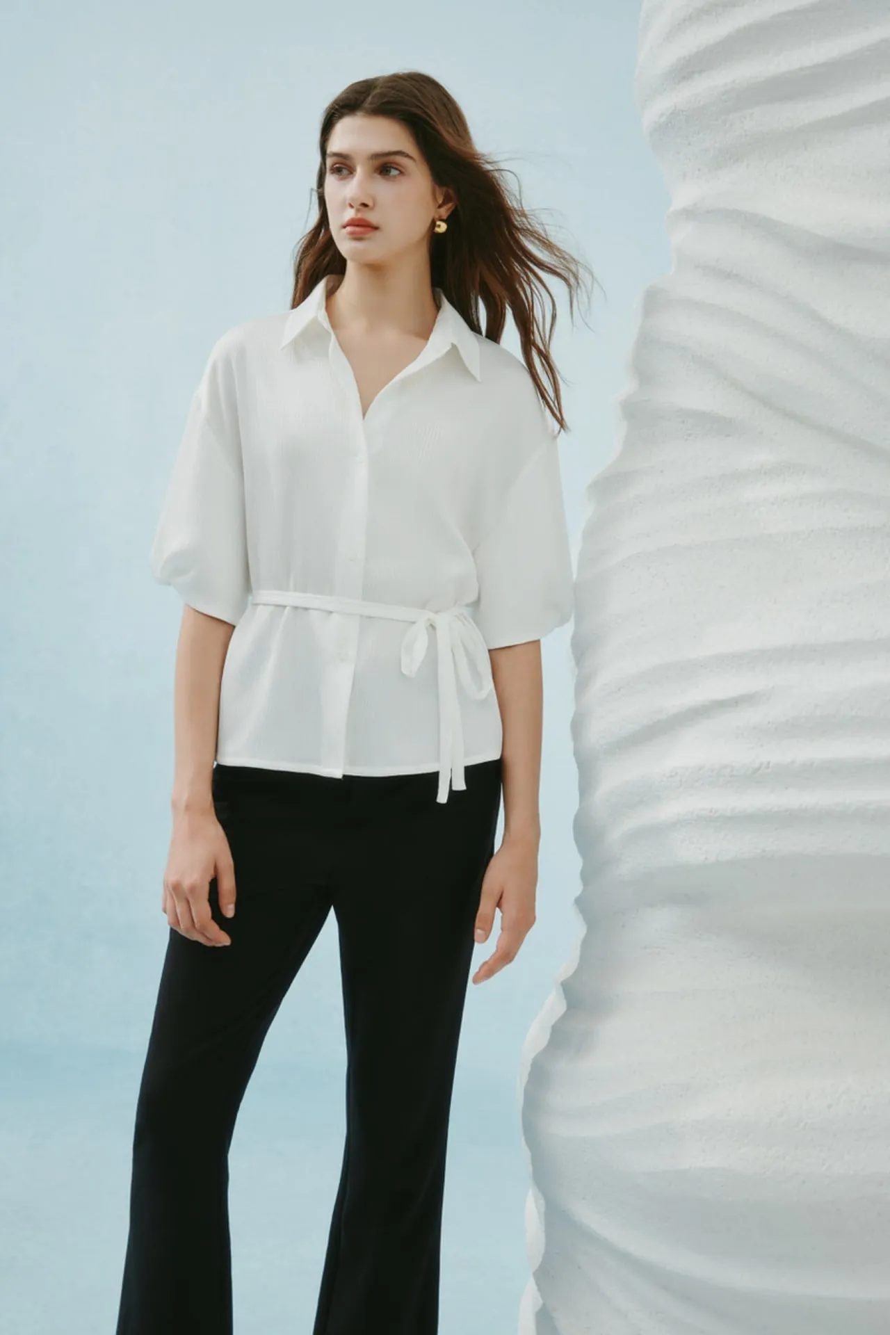 Pleated Satin Puff Sleeve Shirt Collar Blouse
