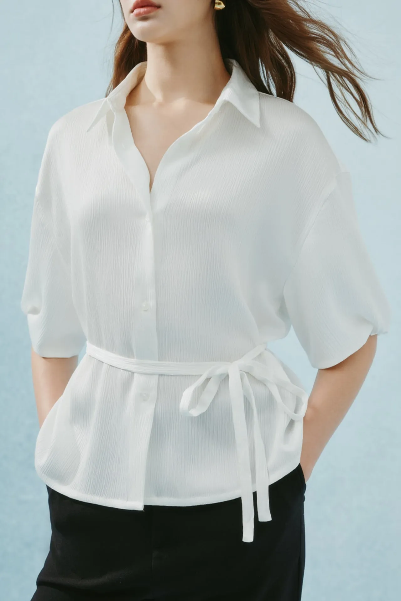 Pleated Satin Puff Sleeve Shirt Collar Blouse