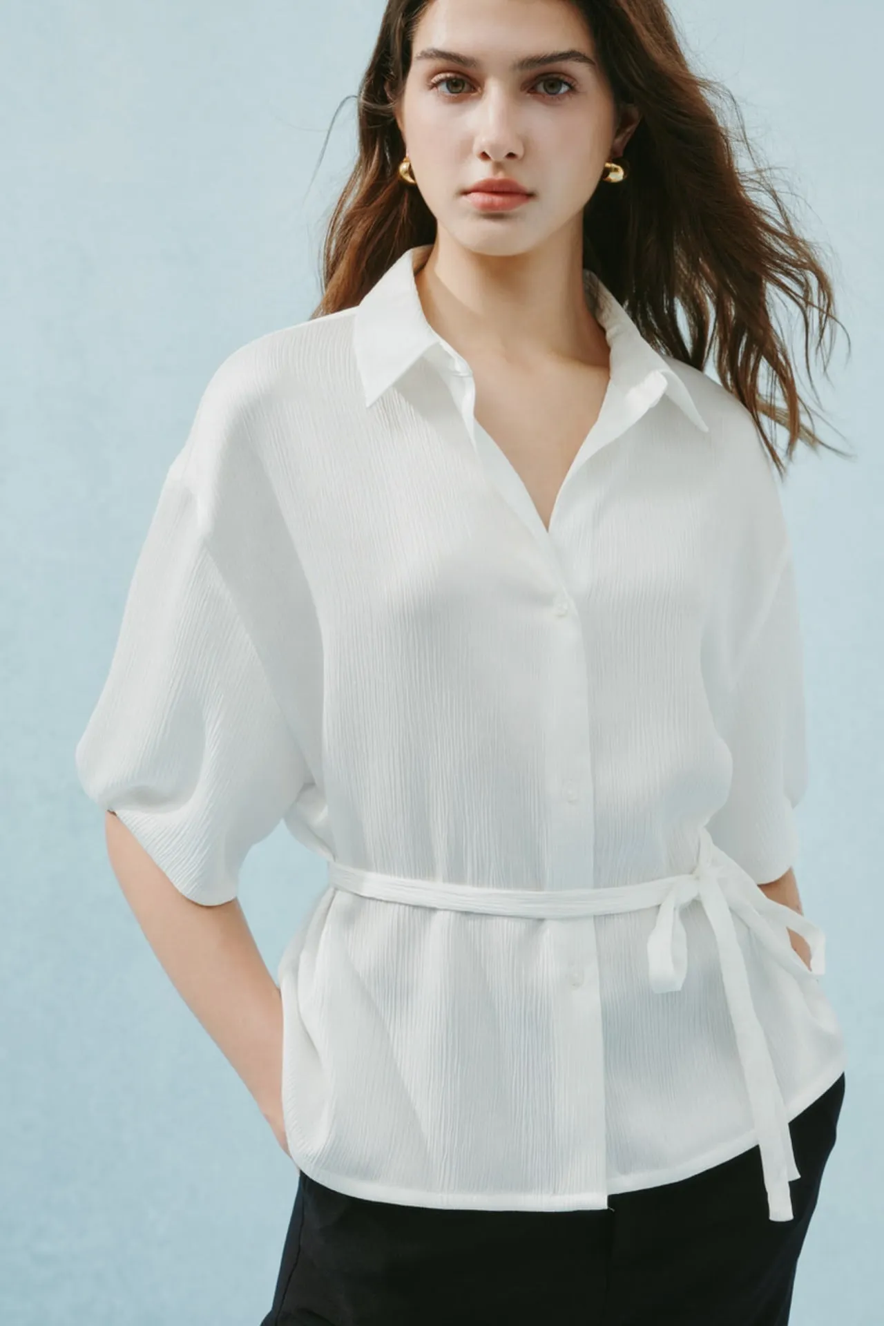 Pleated Satin Puff Sleeve Shirt Collar Blouse