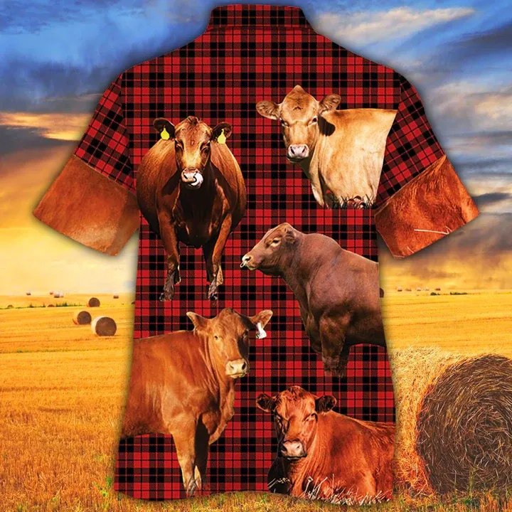 Red Angus Cattle Lovers Red Tartan Pattern Hawaiian Shirt - Animal hawaiian shirt, Cow Aloha Shirt, Gift For Cow Lovers