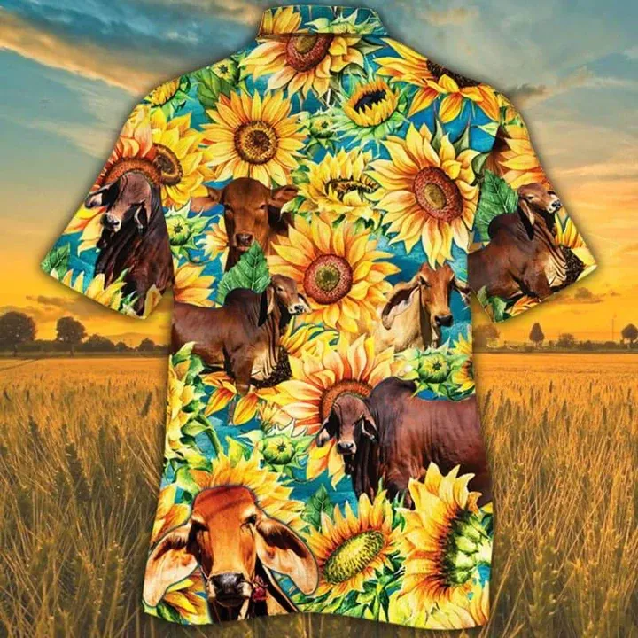 Red Brahman Hawaiian shirt for men, women, Cow Cattle Lovers Sunflower Watercolor Hawaiian Shirt