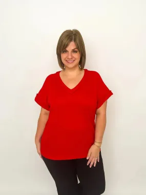 Red Short Sleeve Waffle Top