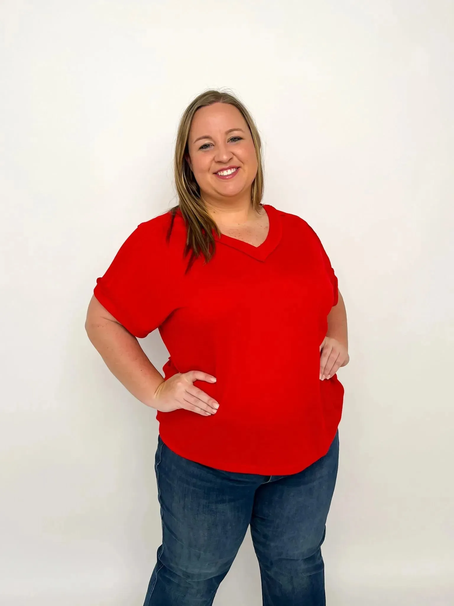 Red Short Sleeve Waffle Top