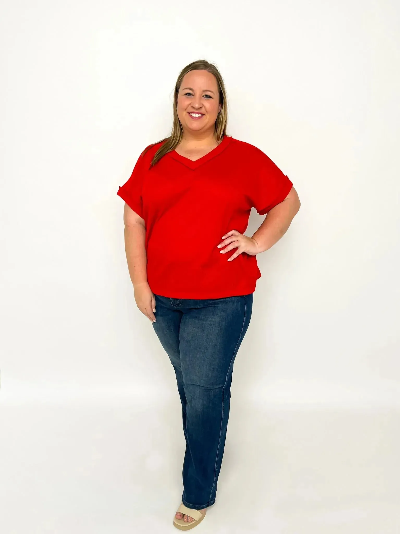 Red Short Sleeve Waffle Top