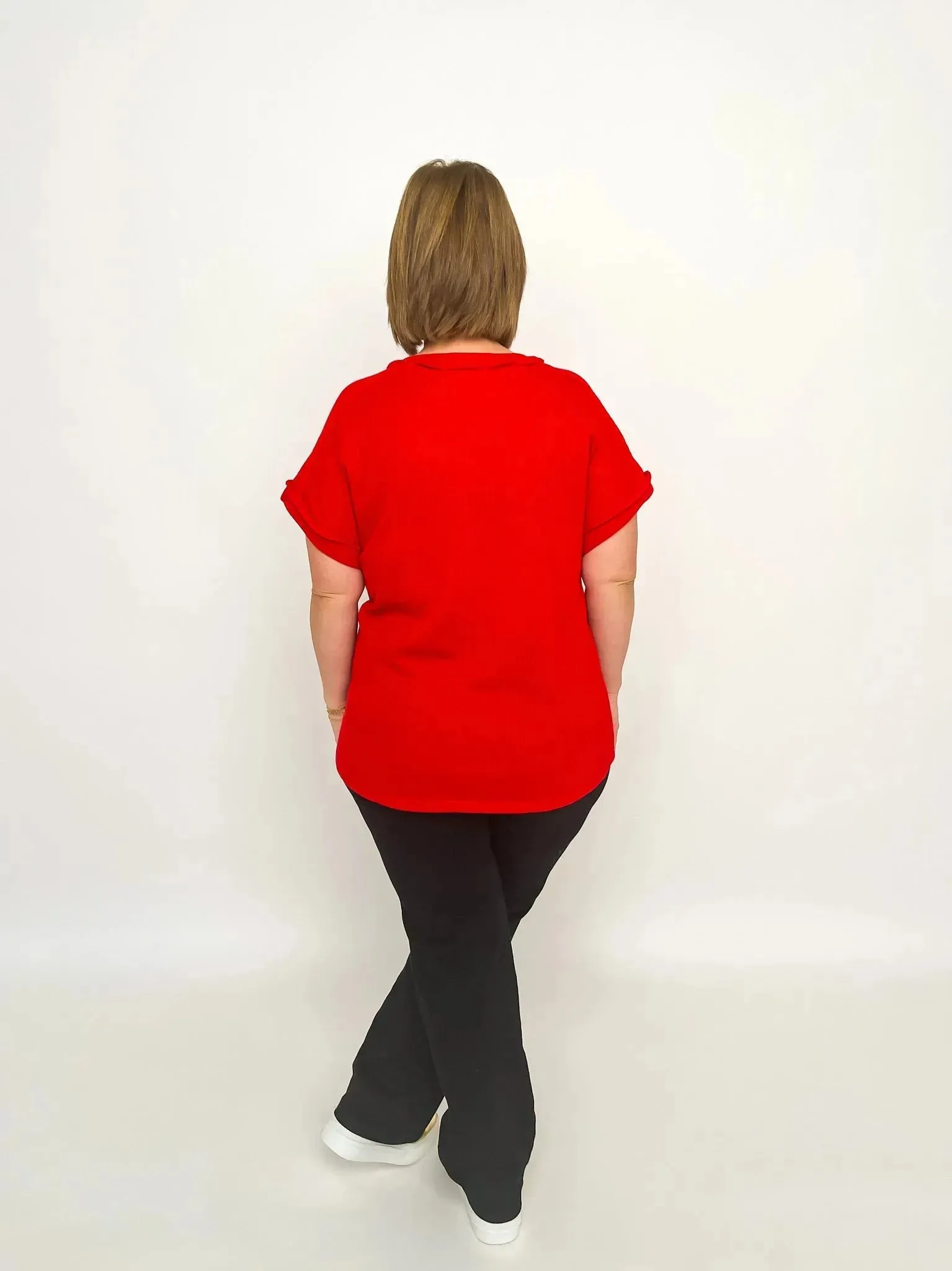 Red Short Sleeve Waffle Top