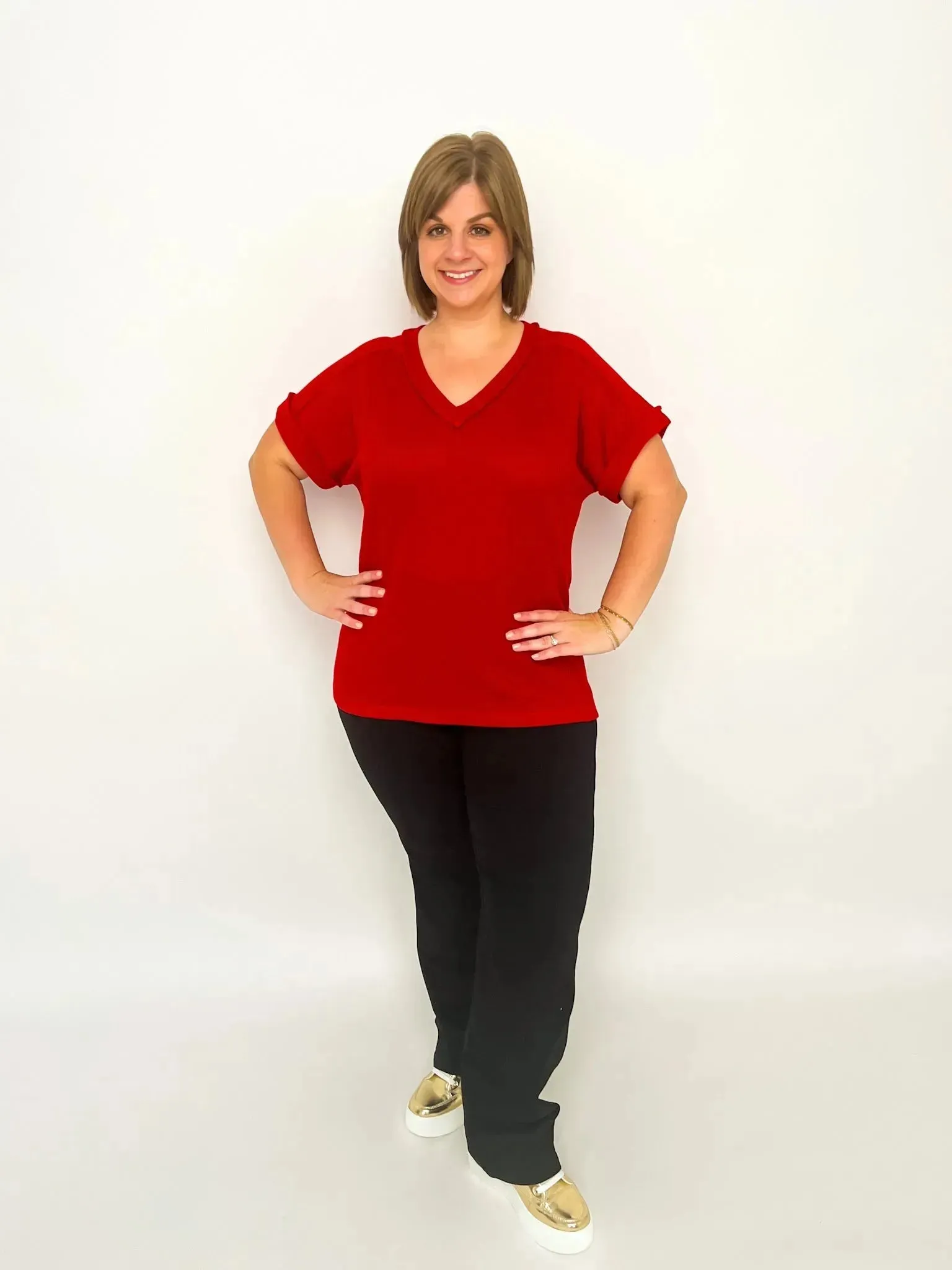 Red Short Sleeve Waffle Top