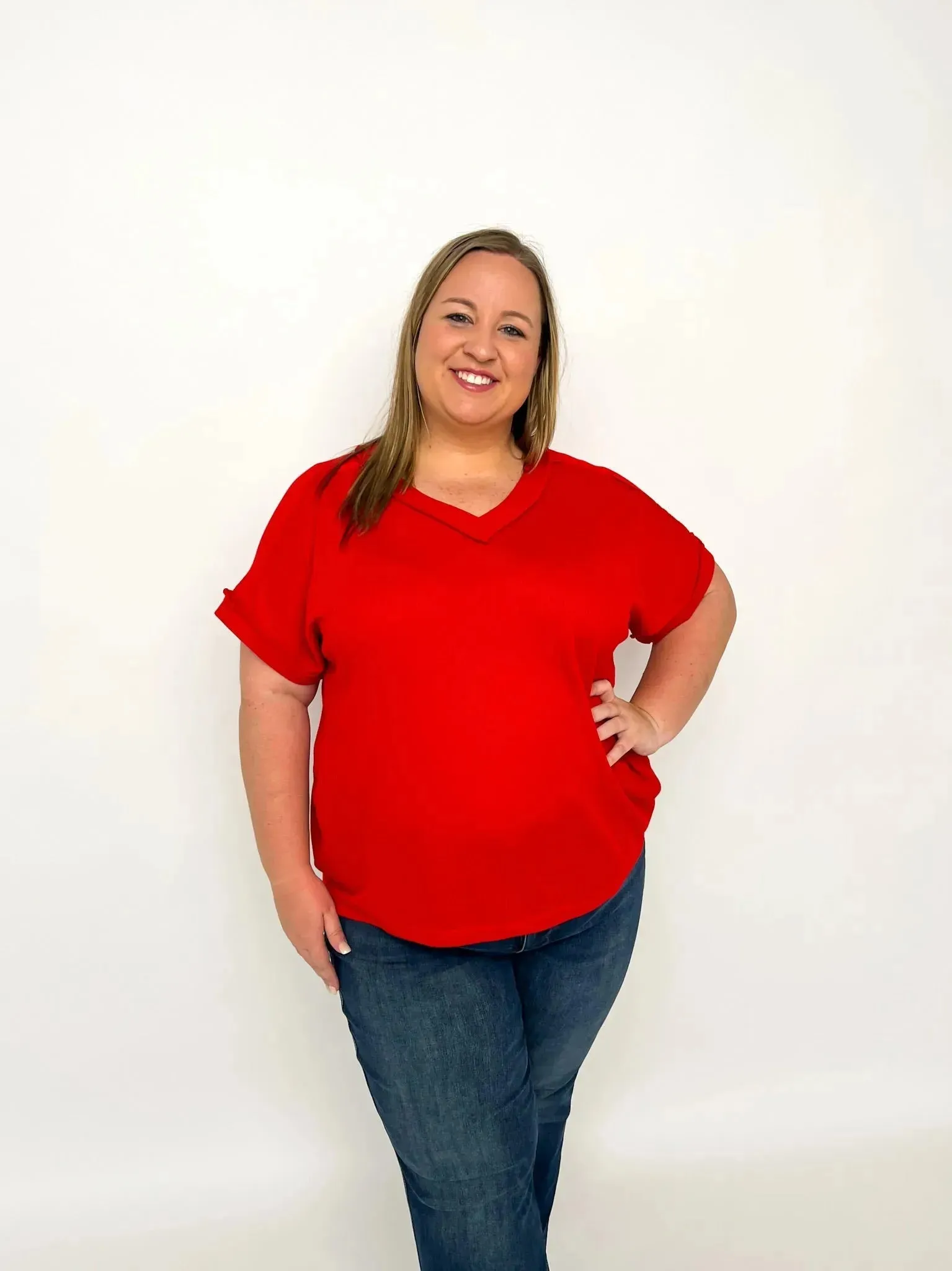 Red Short Sleeve Waffle Top