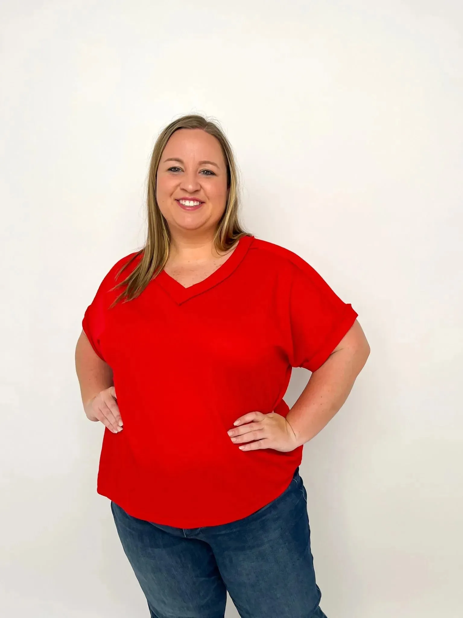 Red Short Sleeve Waffle Top