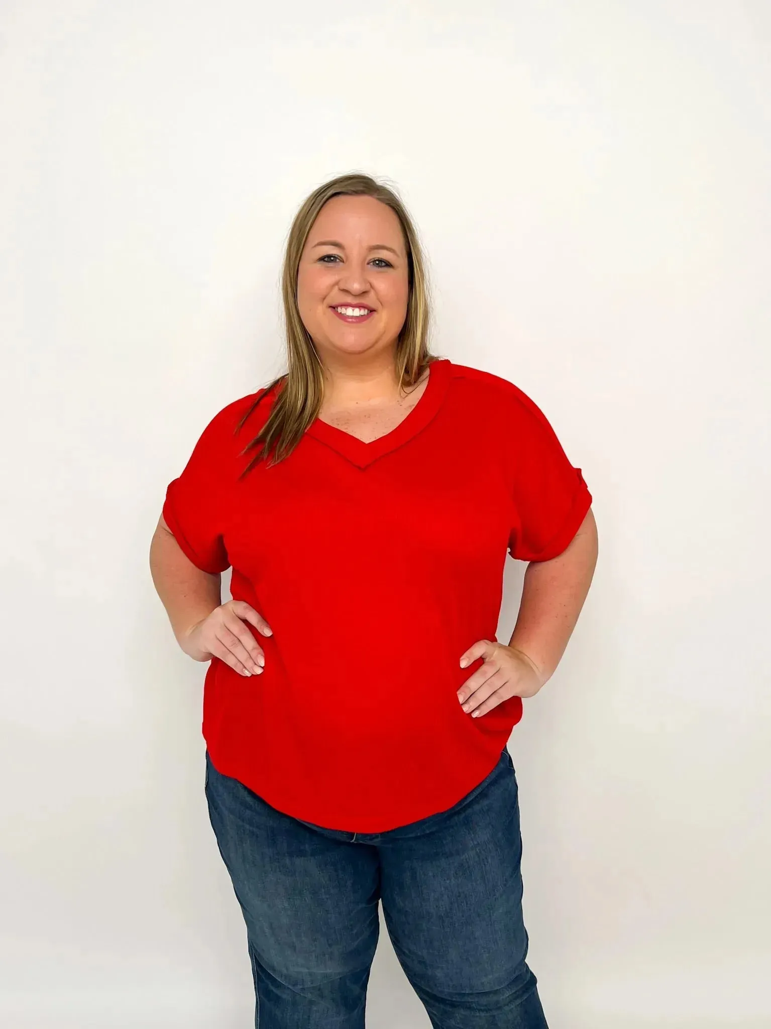 Red Short Sleeve Waffle Top